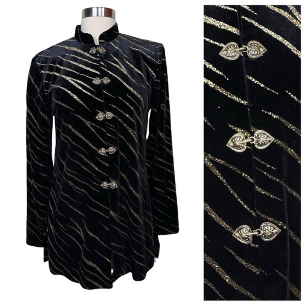 JBS Ltd Vintage Black and Gold Velvet Jacket with Decorative Heart Clasp Buttons
